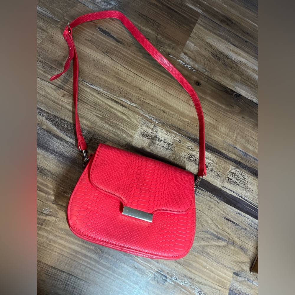 Minelli Small Red Snakeskin Faux Leather Pill Box Purse Structure Crossbody Bag